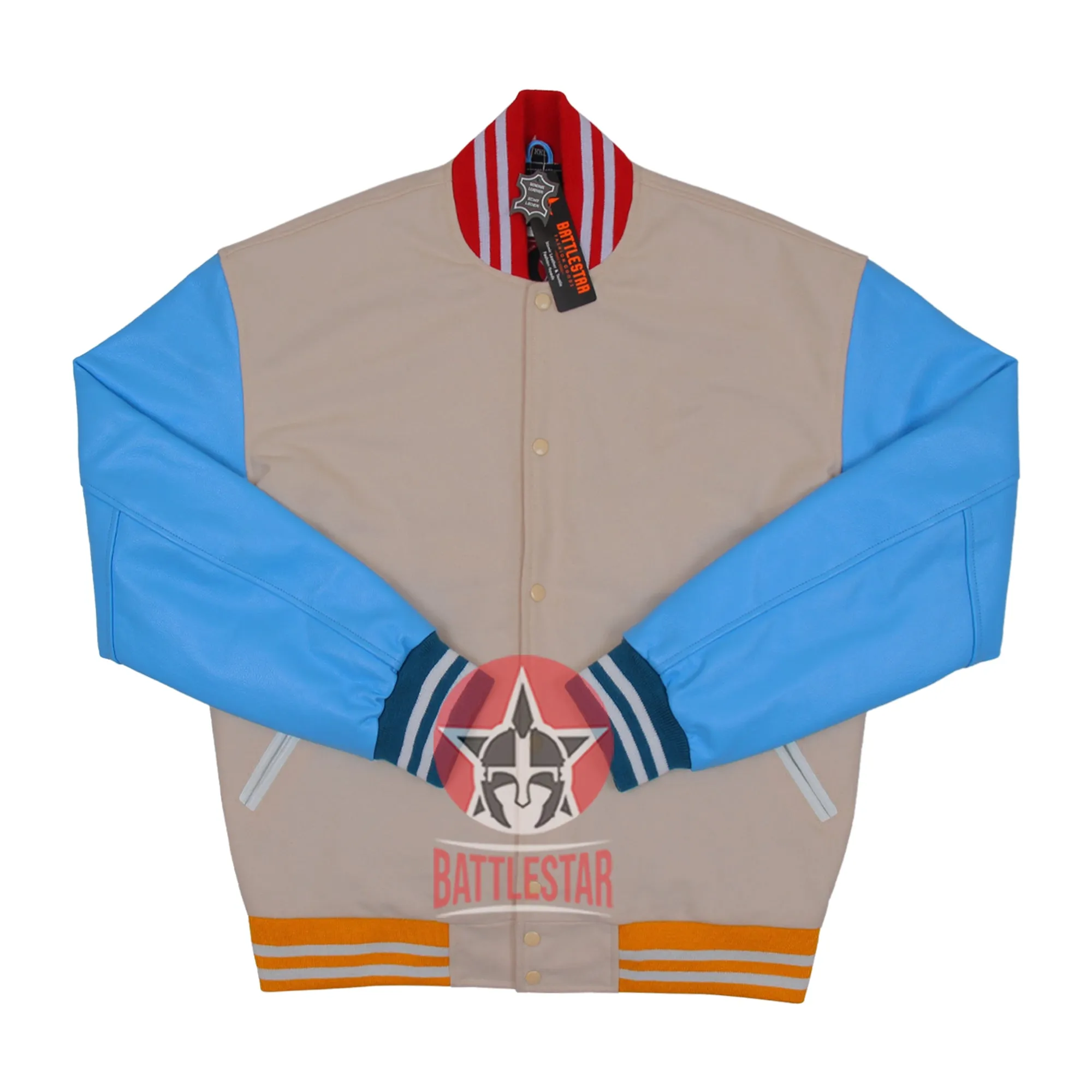 Beige Wool Blue Leather Multi-Rib Varsity Baseball Classic Jacket