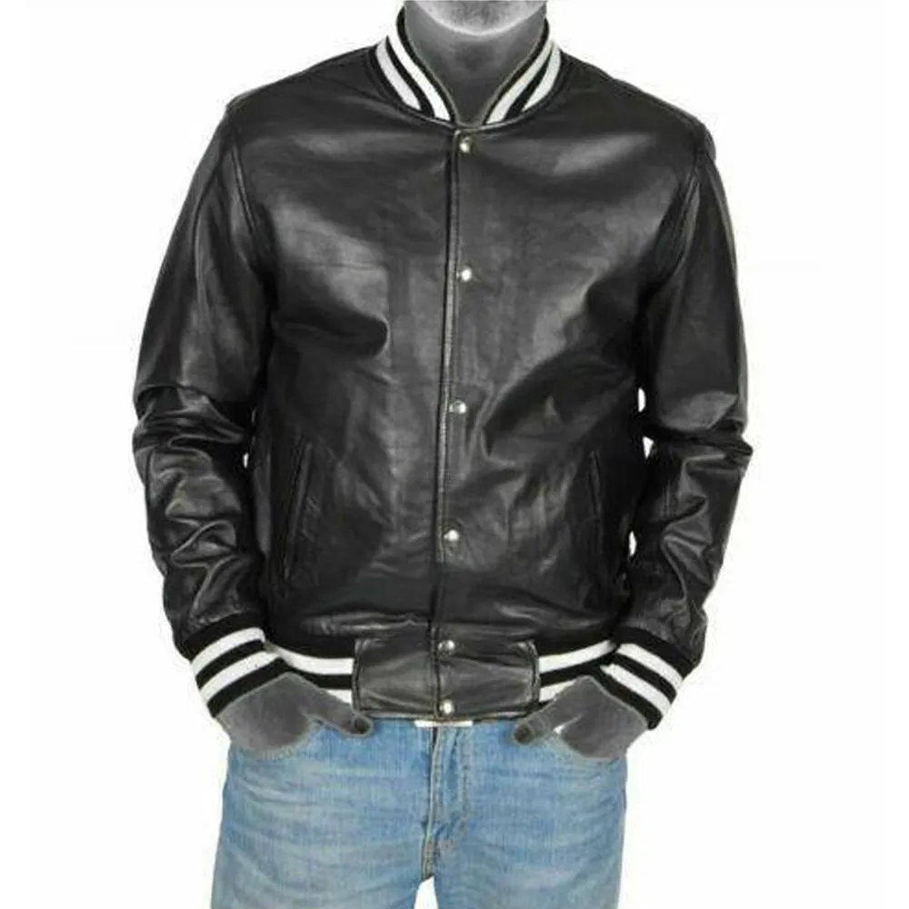 Black Leather Lightweight Bomber Varsity Style Jacket