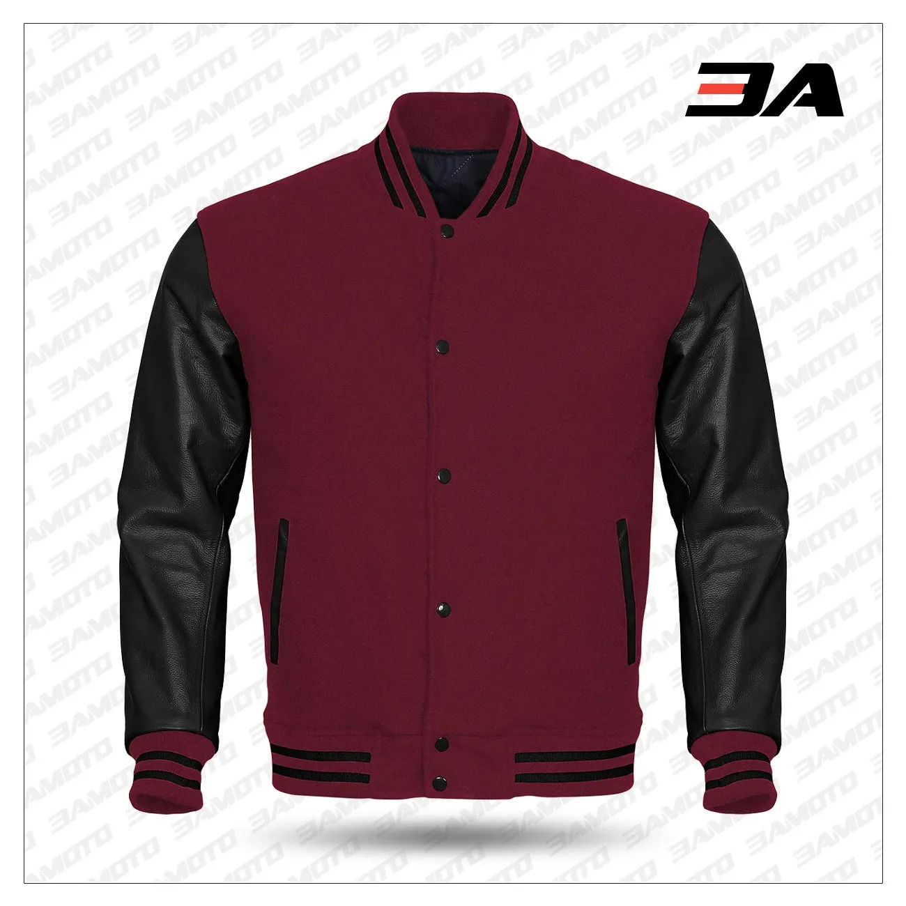 Black Leather Sleeves Maroon Wool Varsity Jacket