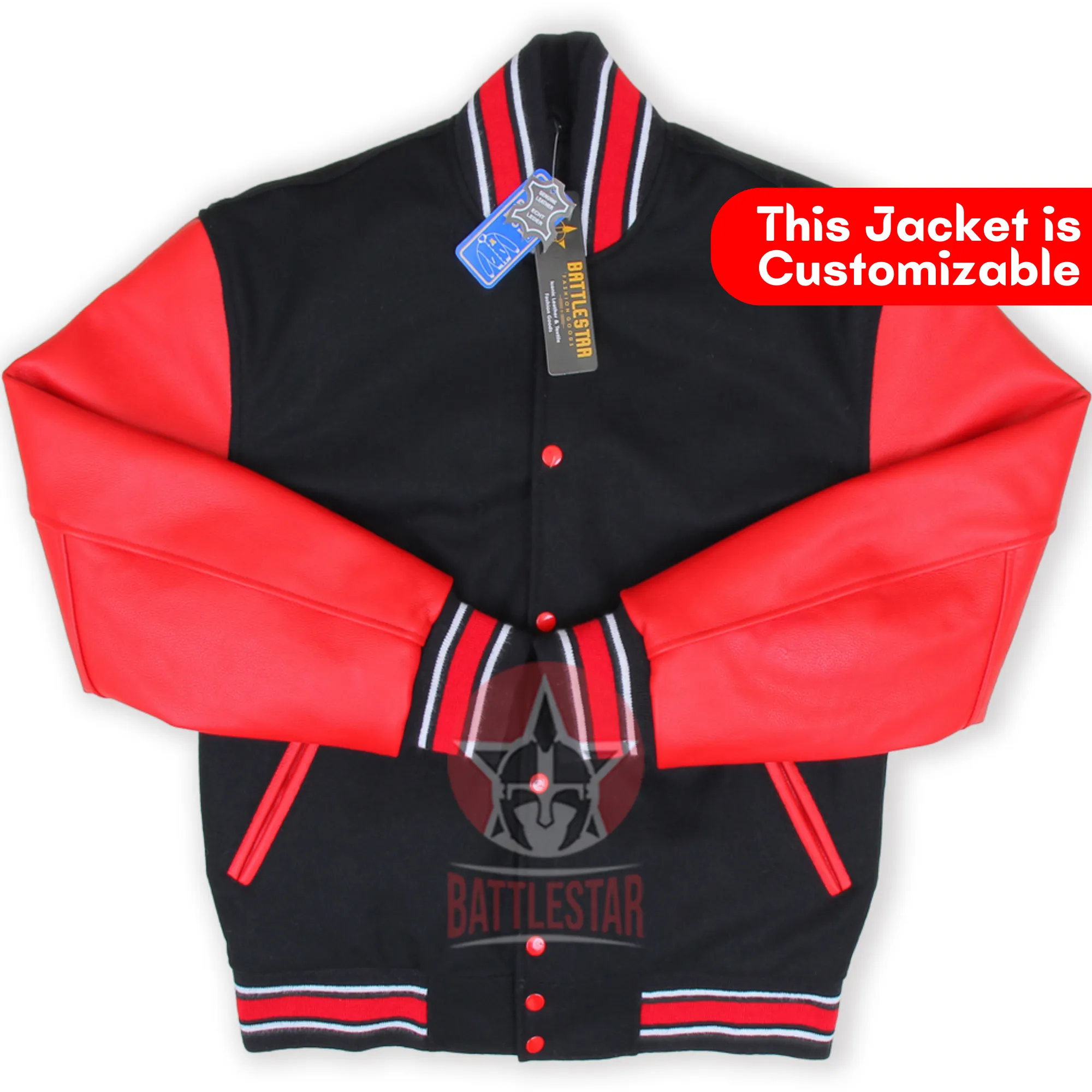 Black Wool Red Leather Sleeves Varsity Jacket