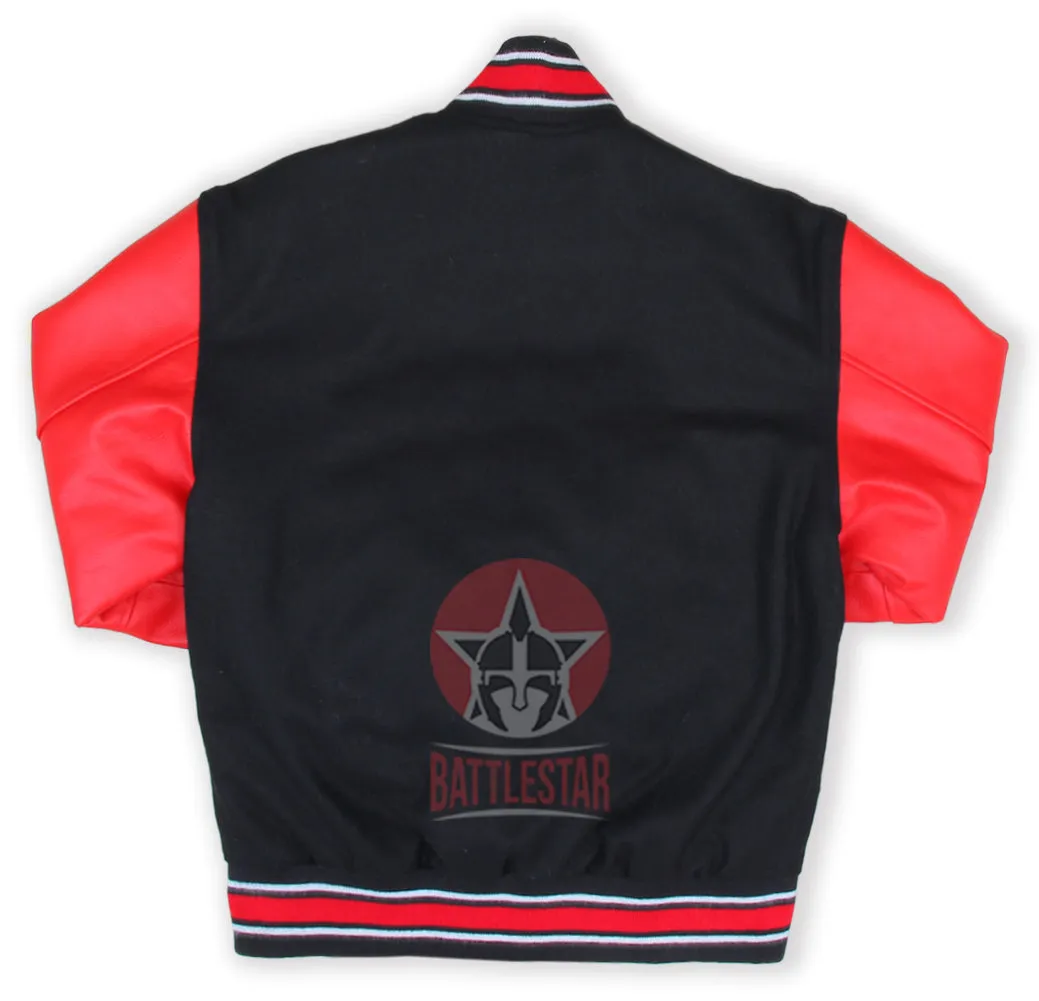 Black Wool Red Leather Sleeves Varsity Jacket