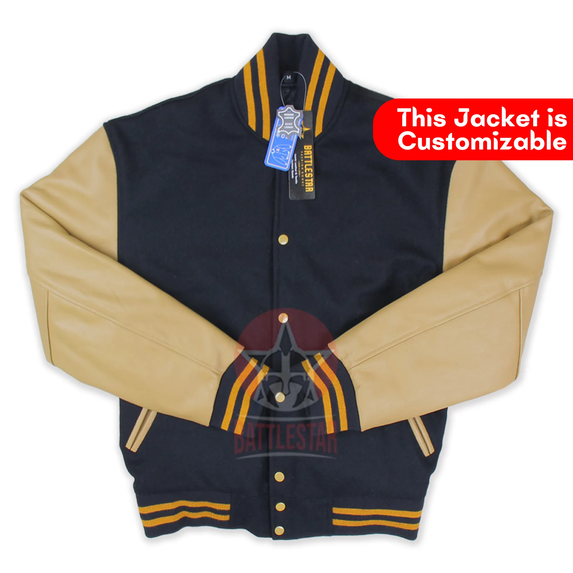 Black Wool Tan Leather Sleeves Varsity Jacket