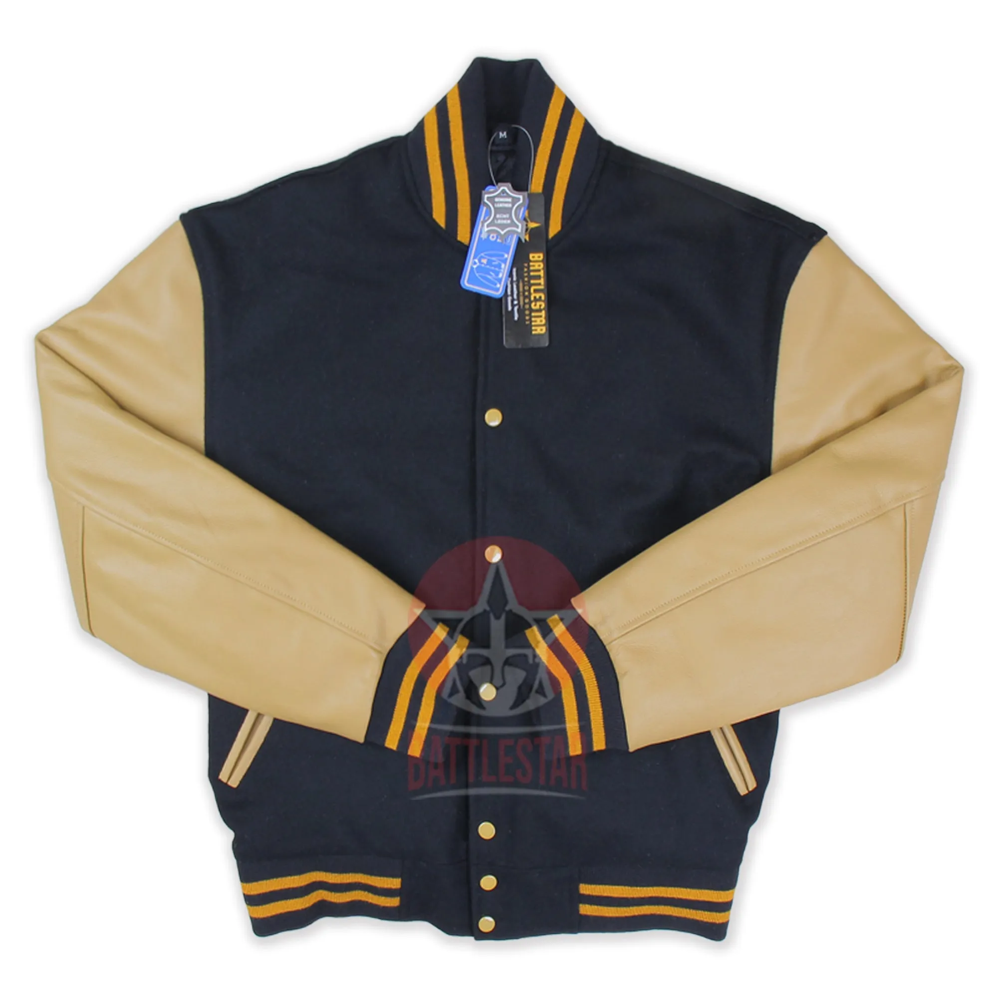 Black Wool Tan Leather Sleeves Varsity Jacket