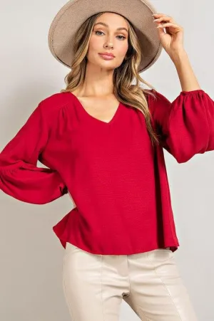 Blouse top puff sleeve in Wine