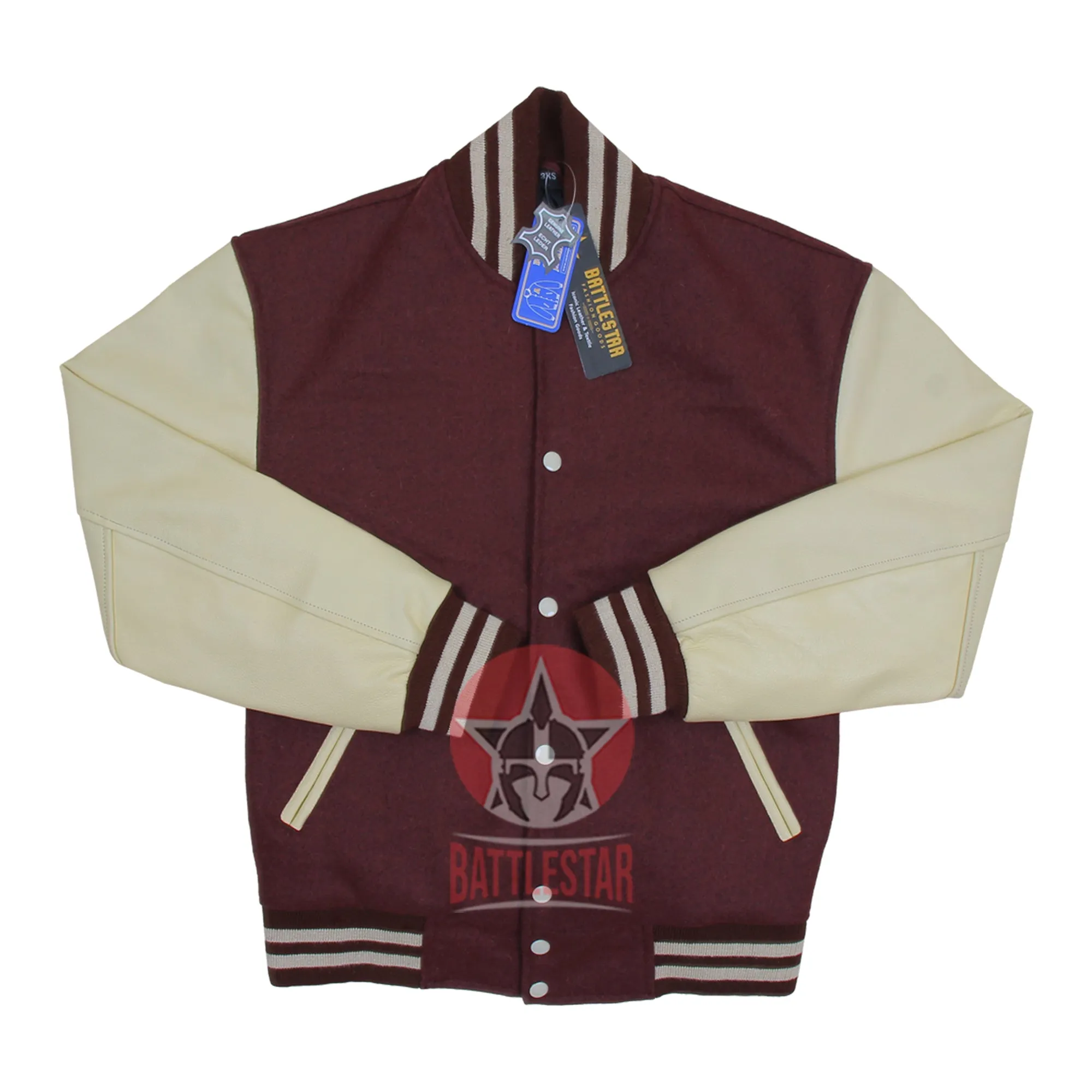 Chocolate Brown Wool Cream Leather Sleeves Varsity Jacket