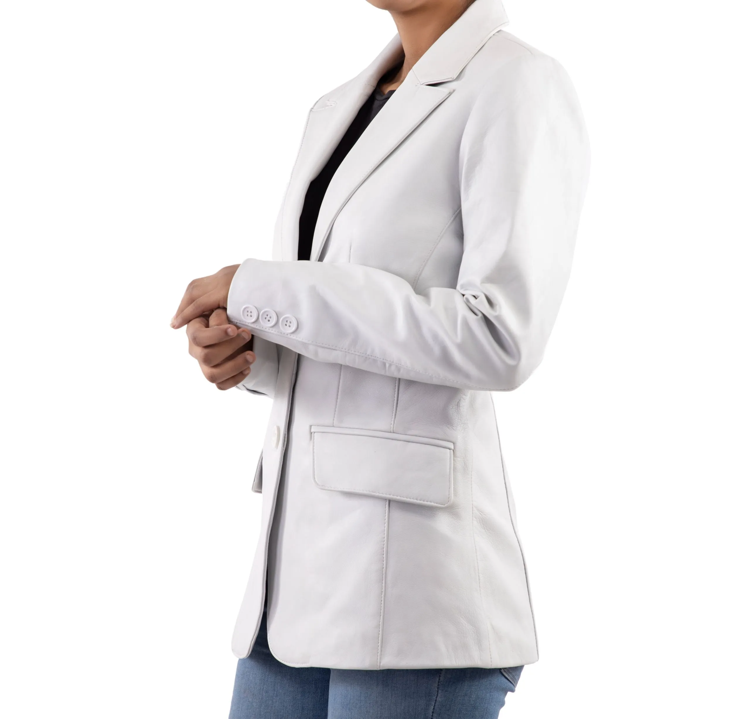 Classic 2-Button Lambskin Leather Blazer Women-White