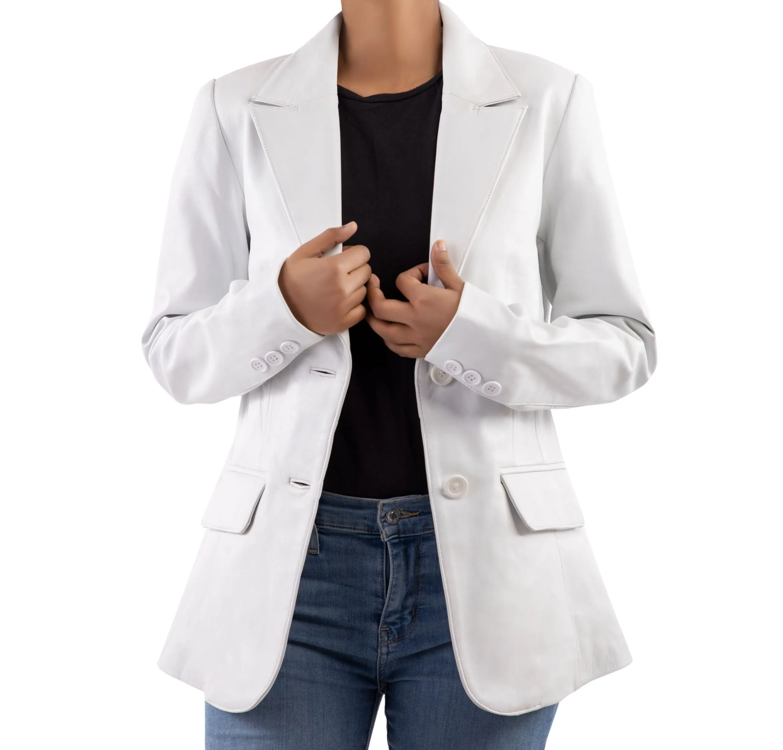 Classic 2-Button Lambskin Leather Blazer Women-White