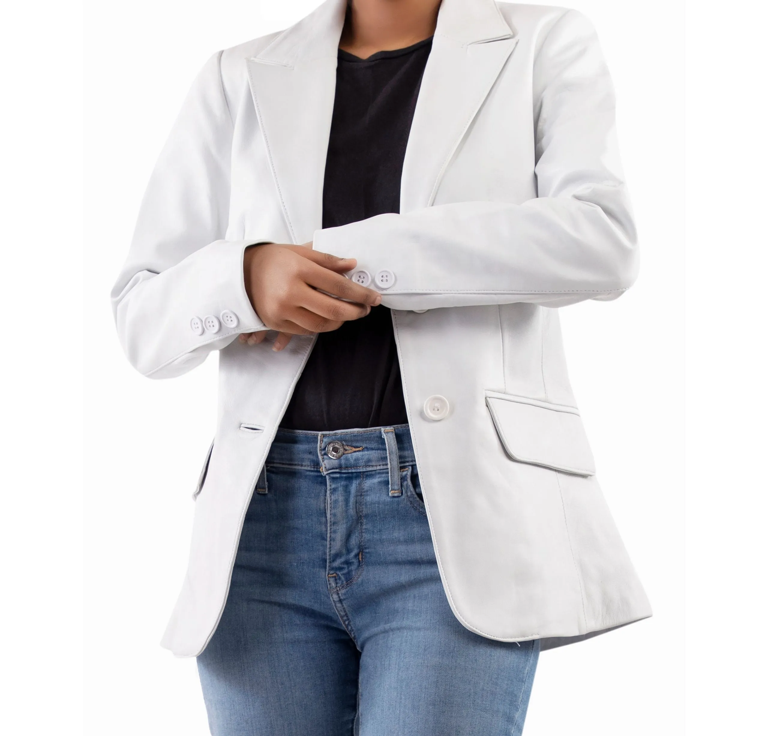 Classic 2-Button Lambskin Leather Blazer Women-White