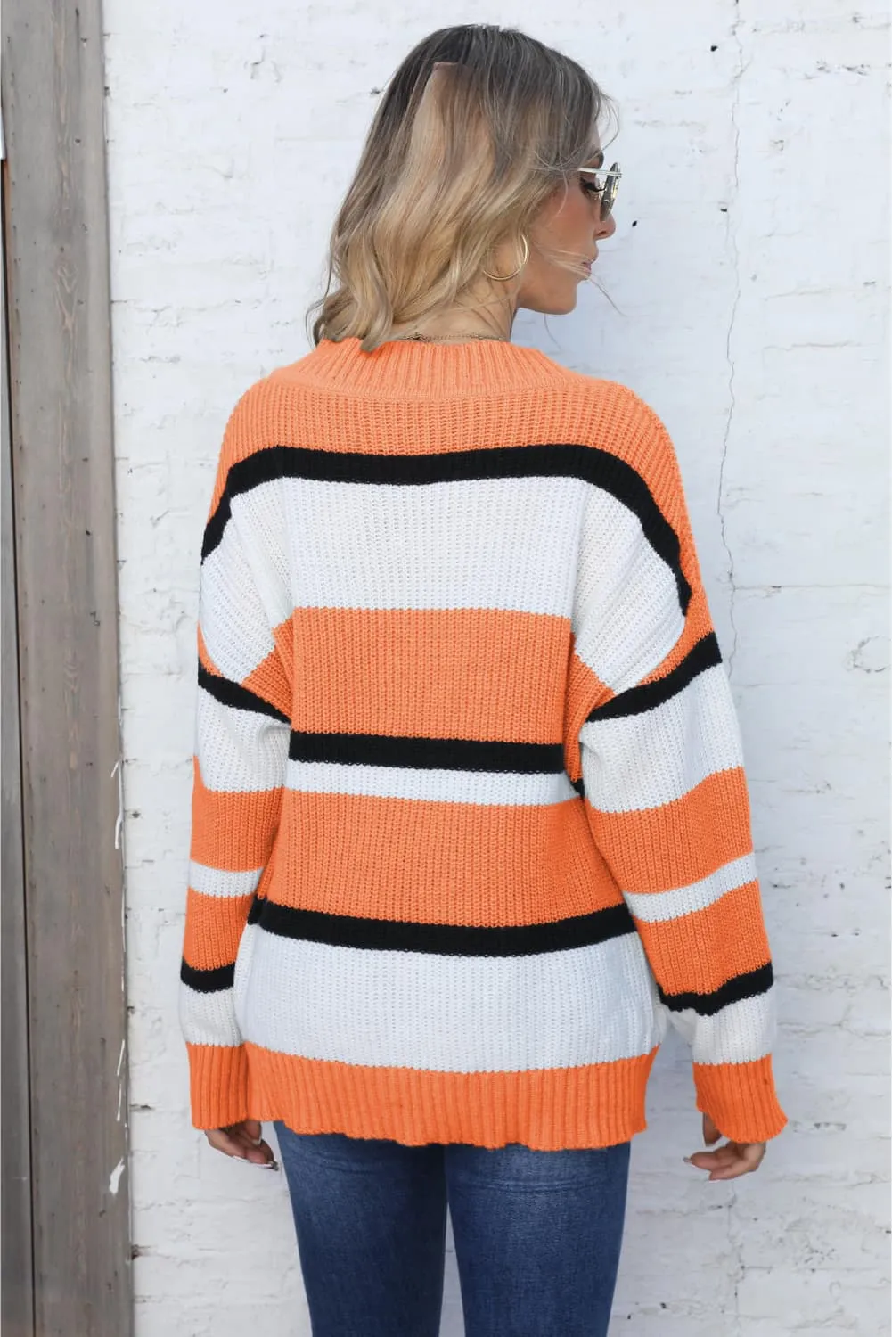 Color Block V-Neck Dropped Shoulder Sweater