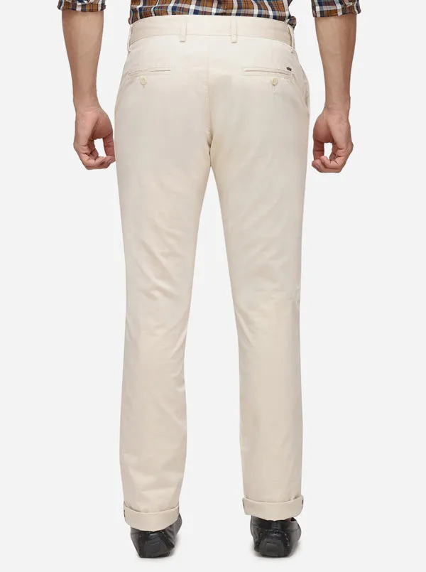 Cream Solid Super Slim Fit Casual Trouser | Greenfibre