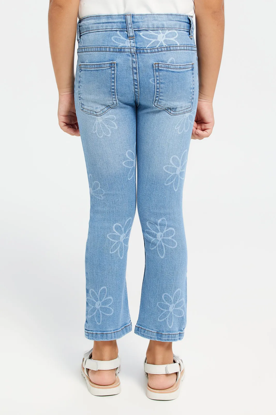 Girls Blue Floral Print Denim Jeans