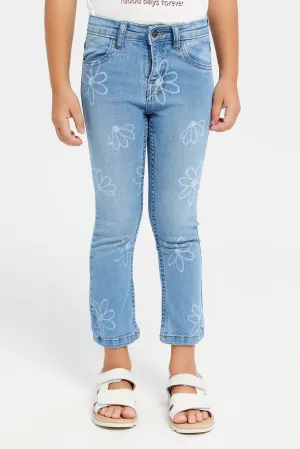 Girls Blue Floral Print Denim Jeans