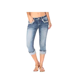 Grace In La Mid Rise Easy Capri Cuffed Rhinestone Embellished Cropped Stretch Jean