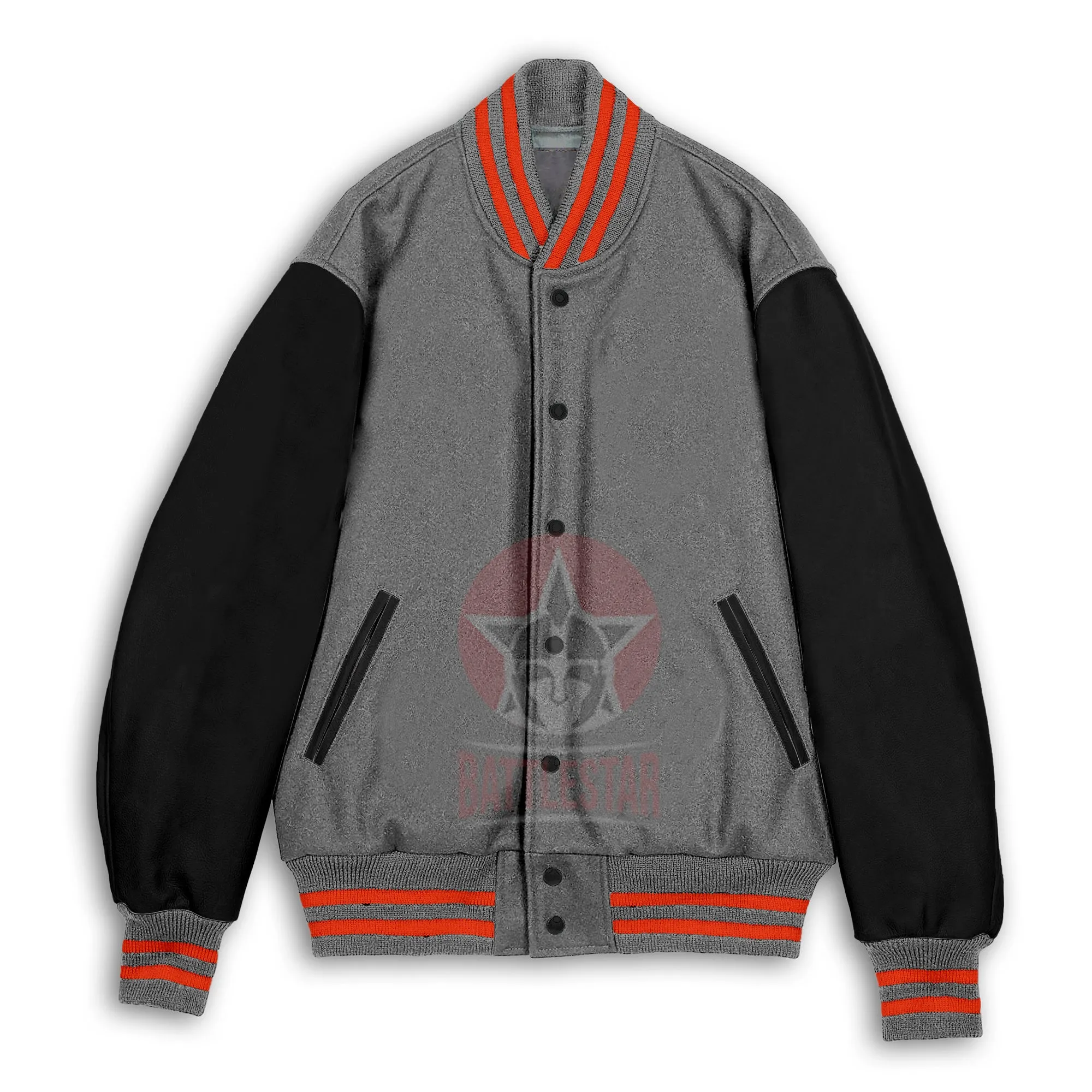 Gray Wool Black Leather Sleeves Varsity Baseball Jacket