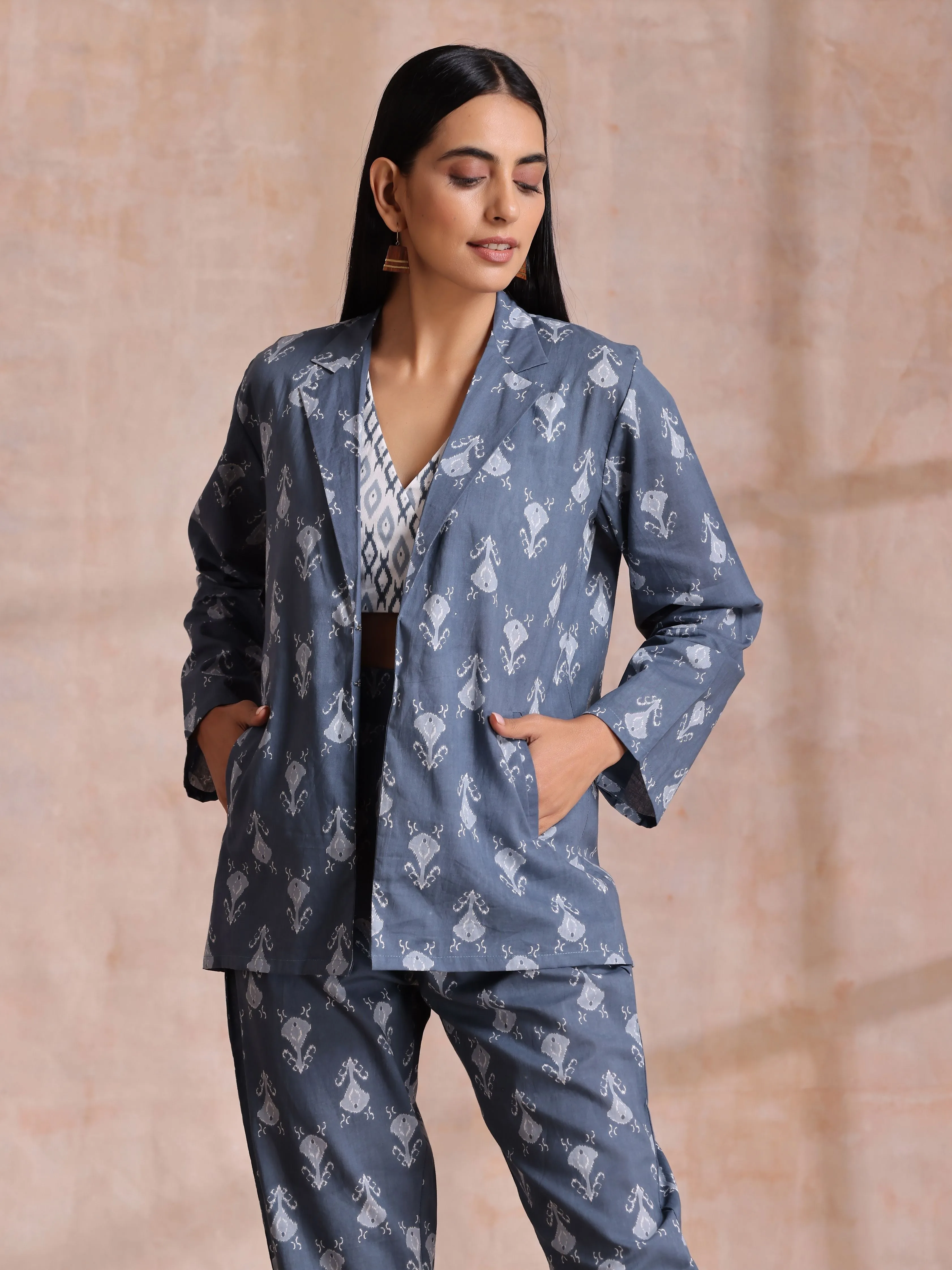 Grey On Grey Ikat Print Cotton Pant Suit Set