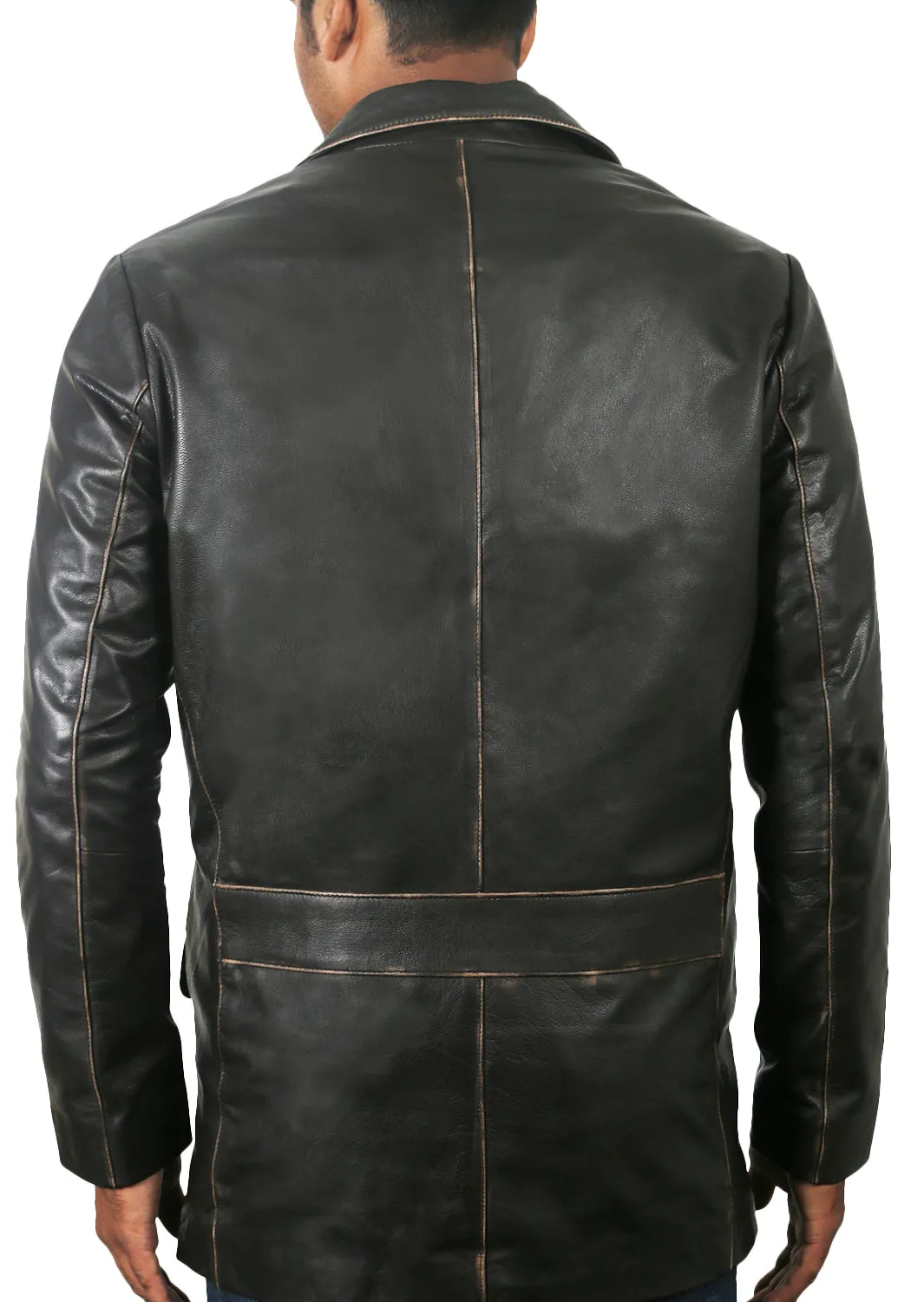 Leather Jackets Hub Men's 3 Button Vintage Real Cowhide Leather Stylish Coat (Black-Rubboff, Blazer Coat) - 1502801