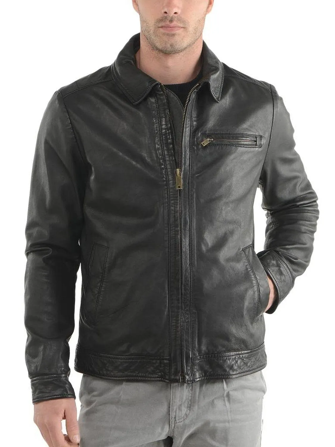 Leather Jackets Hub Mens Genuine Cowhide Leather Jacket (Black, Aviator Jacket) - 1501047