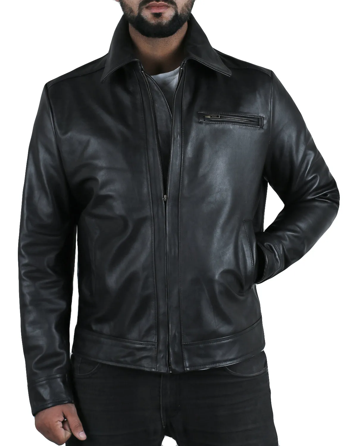 Leather Jackets Hub Mens Genuine Cowhide Leather Jacket (Black, Aviator Jacket) - 1501047