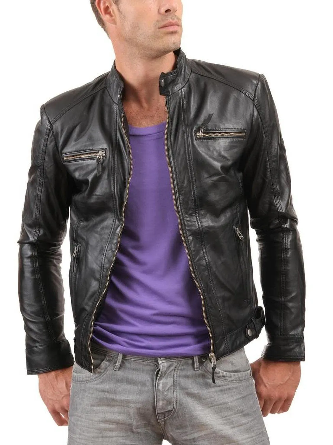 Leather Jackets Hub Mens Genuine Cowhide Leather Jacket (Black, Racer Jacket) - 1501602