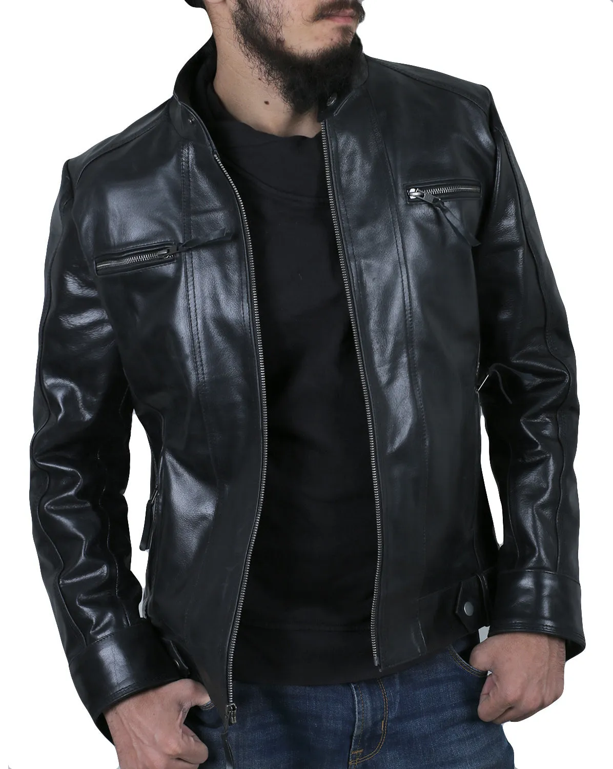 Leather Jackets Hub Mens Genuine Cowhide Leather Jacket (Black, Racer Jacket) - 1501602