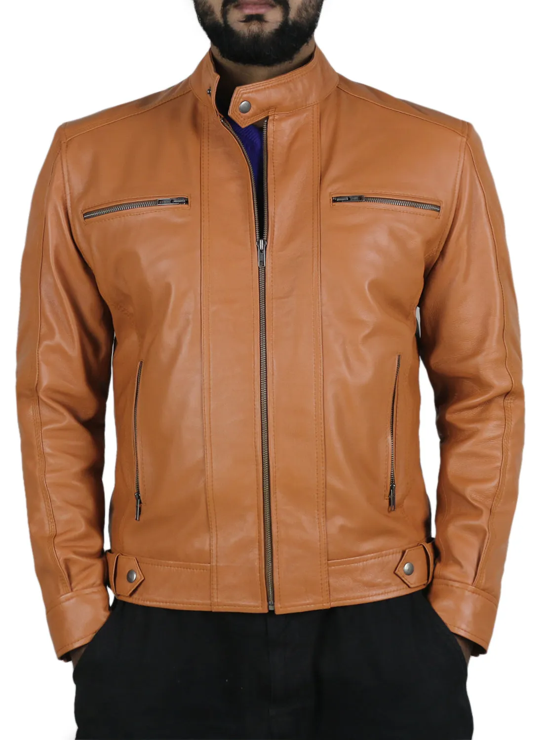 Leather Jackets Hub Mens Genuine Lambskin Leather Jacket (Black, Racer Jacket) - 1501058