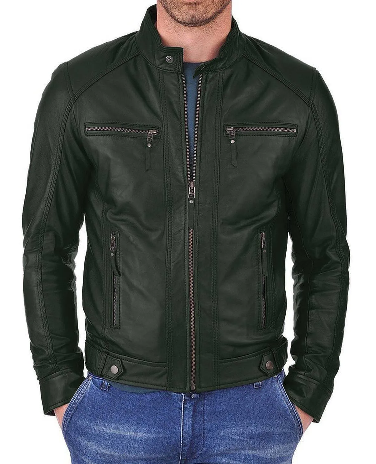 Leather Jackets Hub Mens Genuine Lambskin Leather Jacket (Black, Racer Jacket) - 1501058