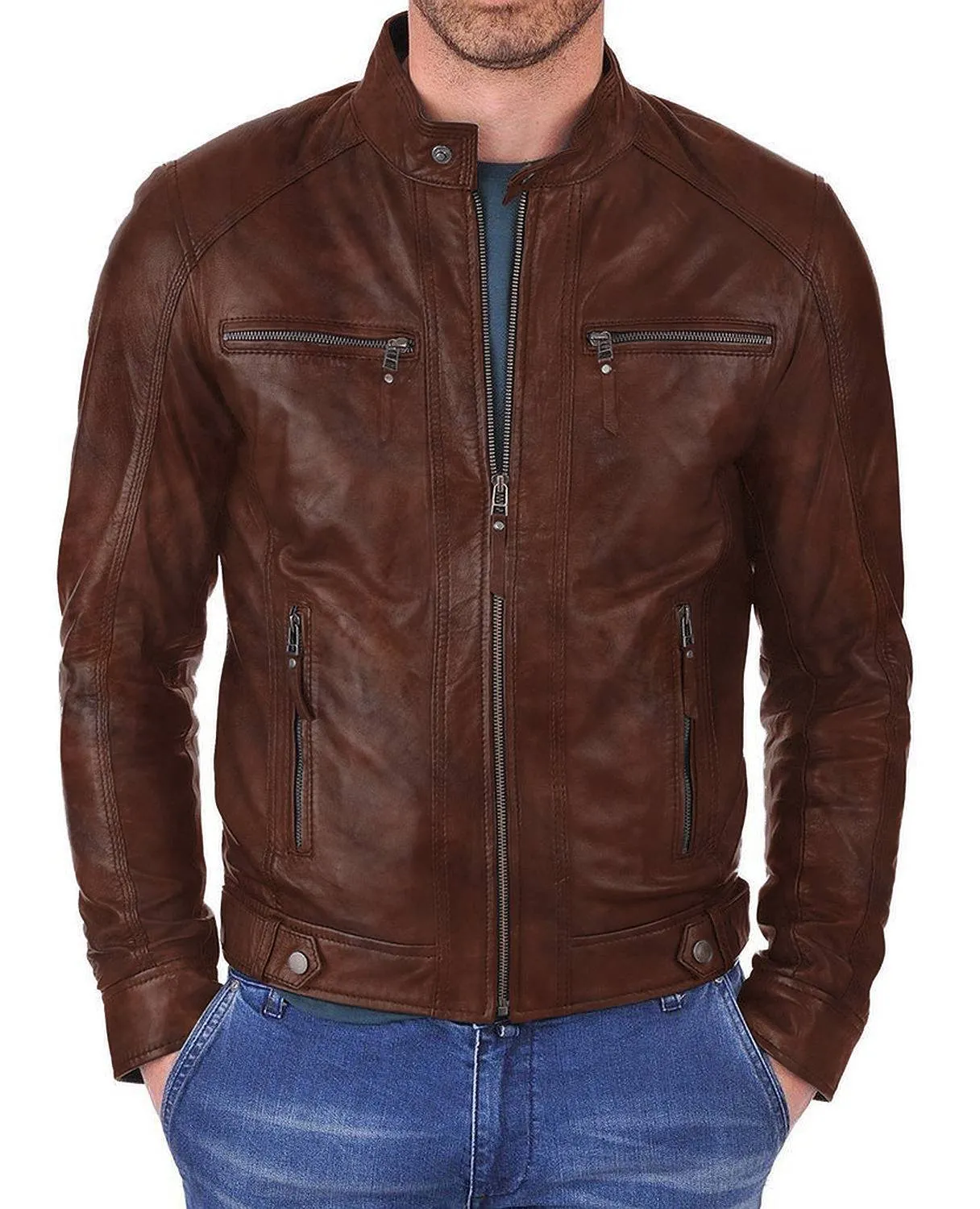 Leather Jackets Hub Mens Genuine Lambskin Leather Jacket (Black, Racer Jacket) - 1501058