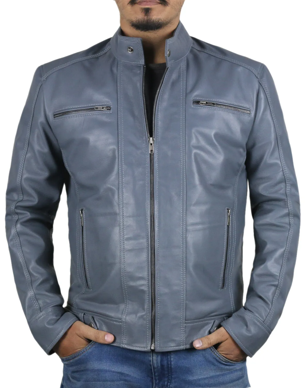 Leather Jackets Hub Mens Genuine Lambskin Leather Jacket (Black, Racer Jacket) - 1501058