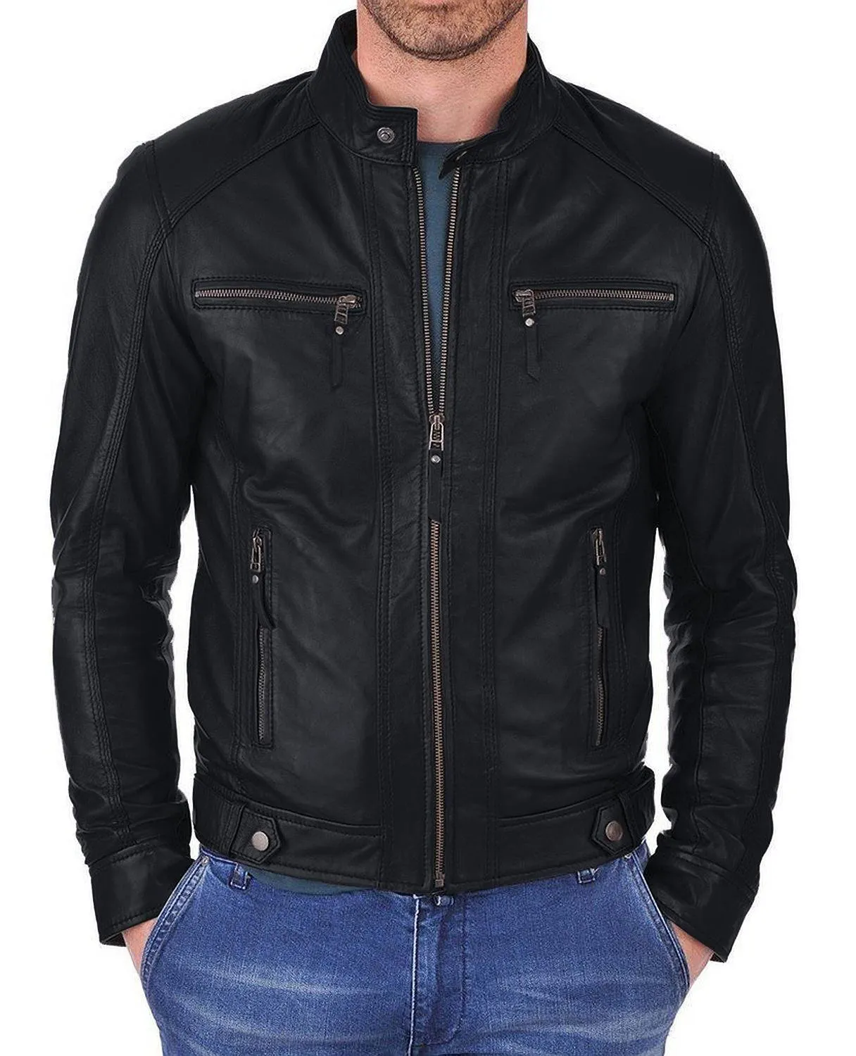 Leather Jackets Hub Mens Genuine Lambskin Leather Jacket (Black, Racer Jacket) - 1501058