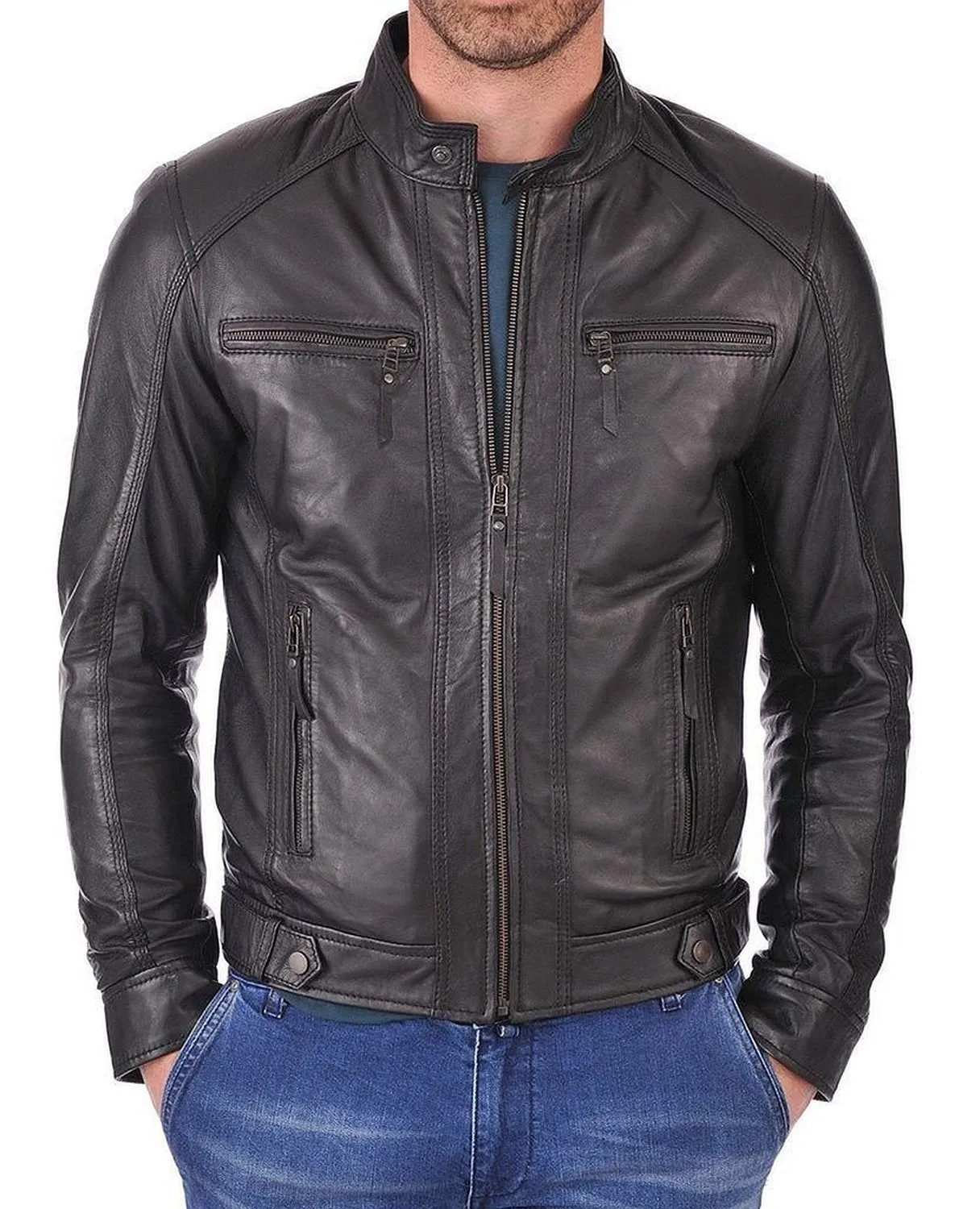 Leather Jackets Hub Mens Genuine Lambskin Leather Jacket (Black, Racer Jacket) - 1501058