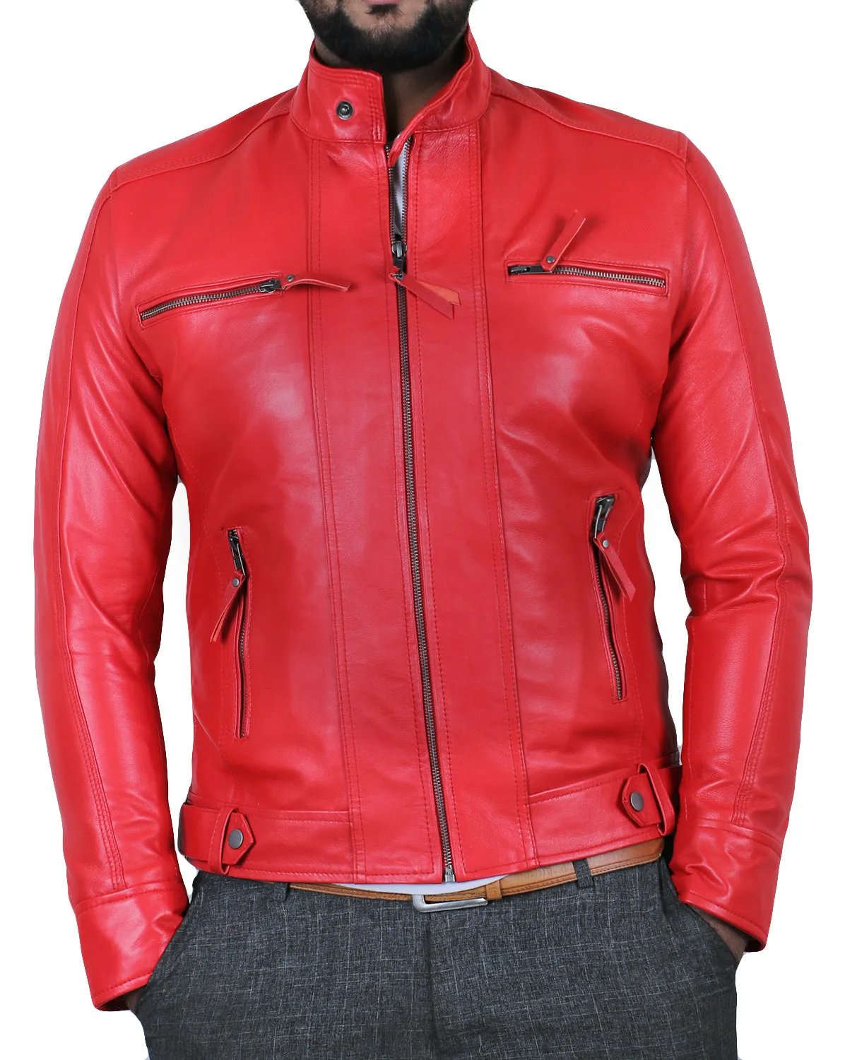 Leather Jackets Hub Mens Genuine Lambskin Leather Jacket (Black, Racer Jacket) - 1501058