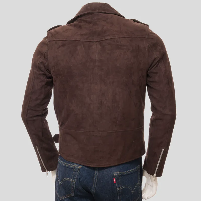 Mens Dark Chocolate Brown Suede Leather Biker Jacket