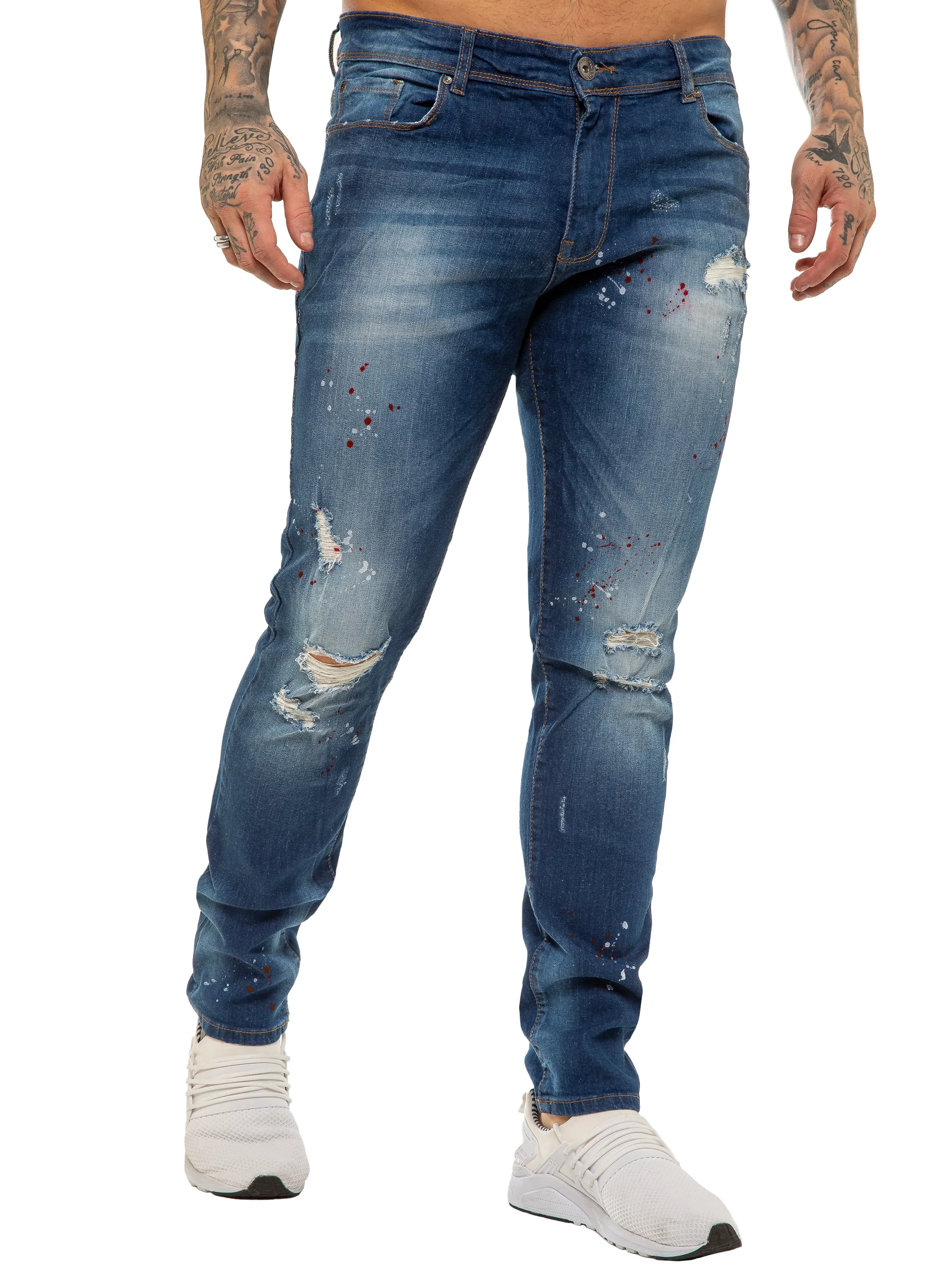 Mens Skinny Ripped Splash Jeans Stretch Denim | Enzo Designer Menswear