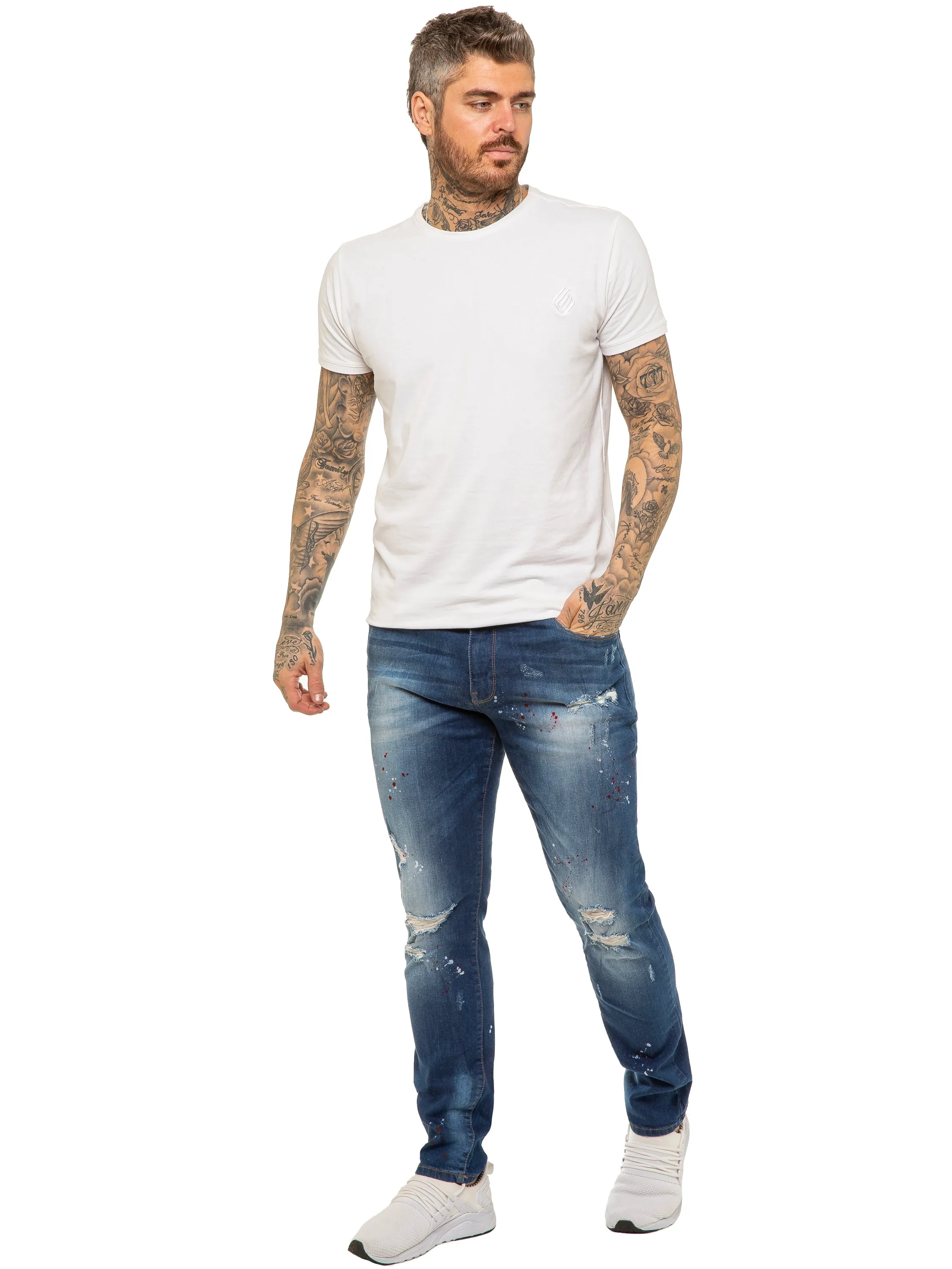 Mens Skinny Ripped Splash Jeans Stretch Denim | Enzo Designer Menswear