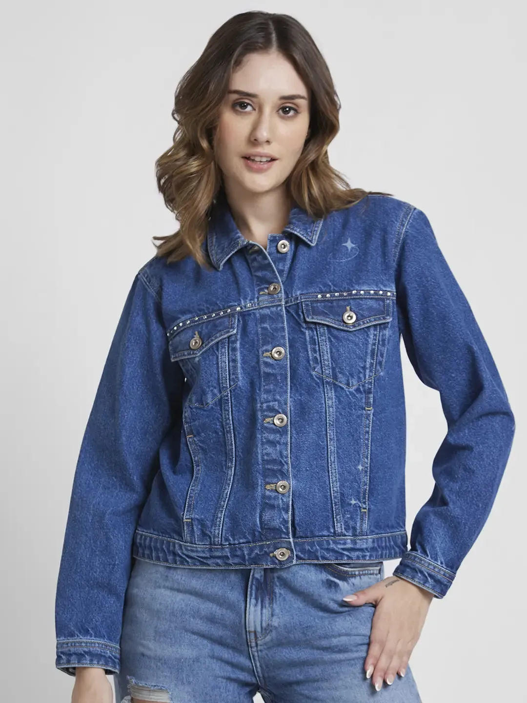 Spykar Women Mid Blue Regular Fit Classic Collar Denim Jacket