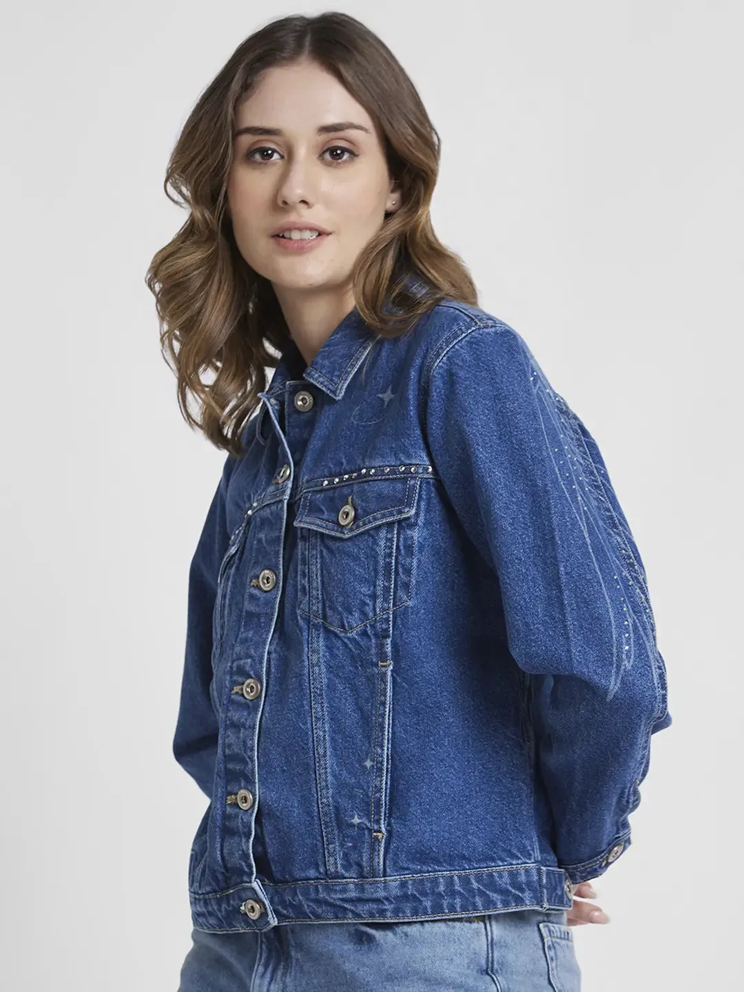 Spykar Women Mid Blue Regular Fit Classic Collar Denim Jacket