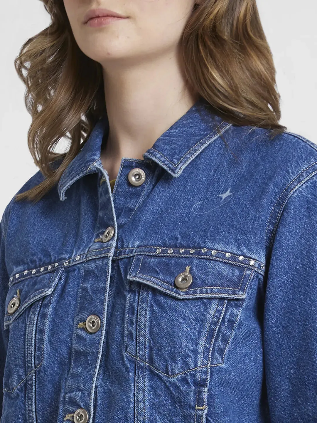 Spykar Women Mid Blue Regular Fit Classic Collar Denim Jacket