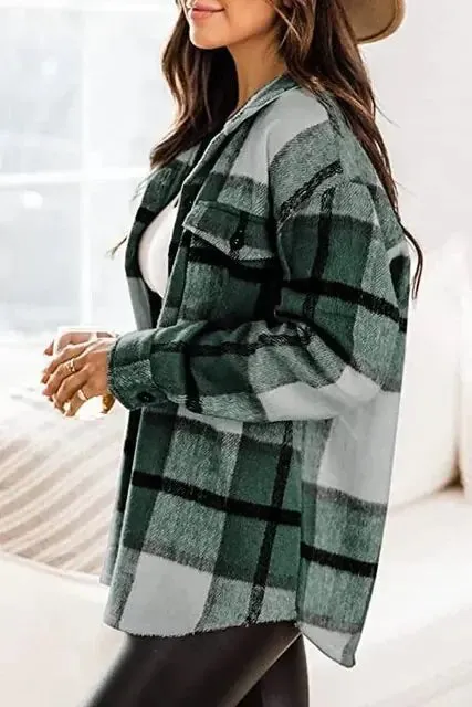 Women Flannel Casual Plaid Button Down Long Sleeve Woolen Shirt Vintage Elegant Fashion Jacket Coat Fashion Woman Blouse